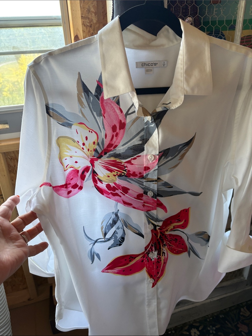Chico's White Button-Down Blouse with Pink and Yellow Floral Print